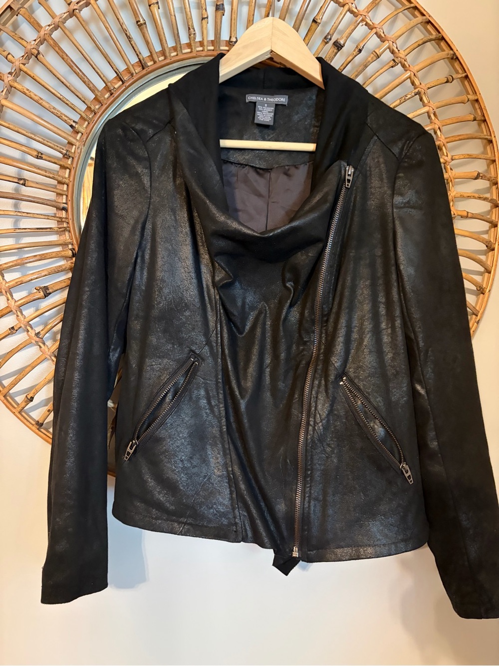 Chelsea & Theodore Black Faux Leather Draped Asymmetrical Zip Jacket